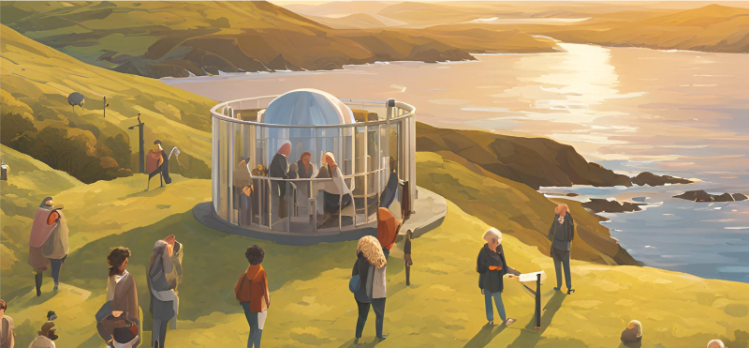 Illustrated coastal scene in Ireland at sunset, showing people gathered around a glass-walled observatory dome on a grassy hill overlooking the sea.